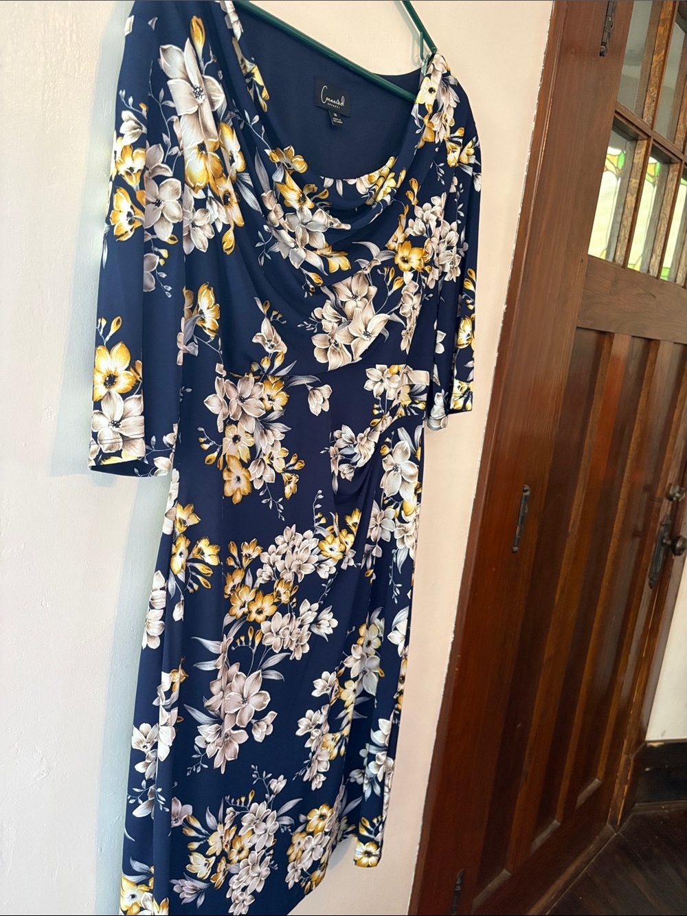 connected apparel Navy Floral Midi Dress with Yellow & White Blooms Size 14 - Picture 6 of 9